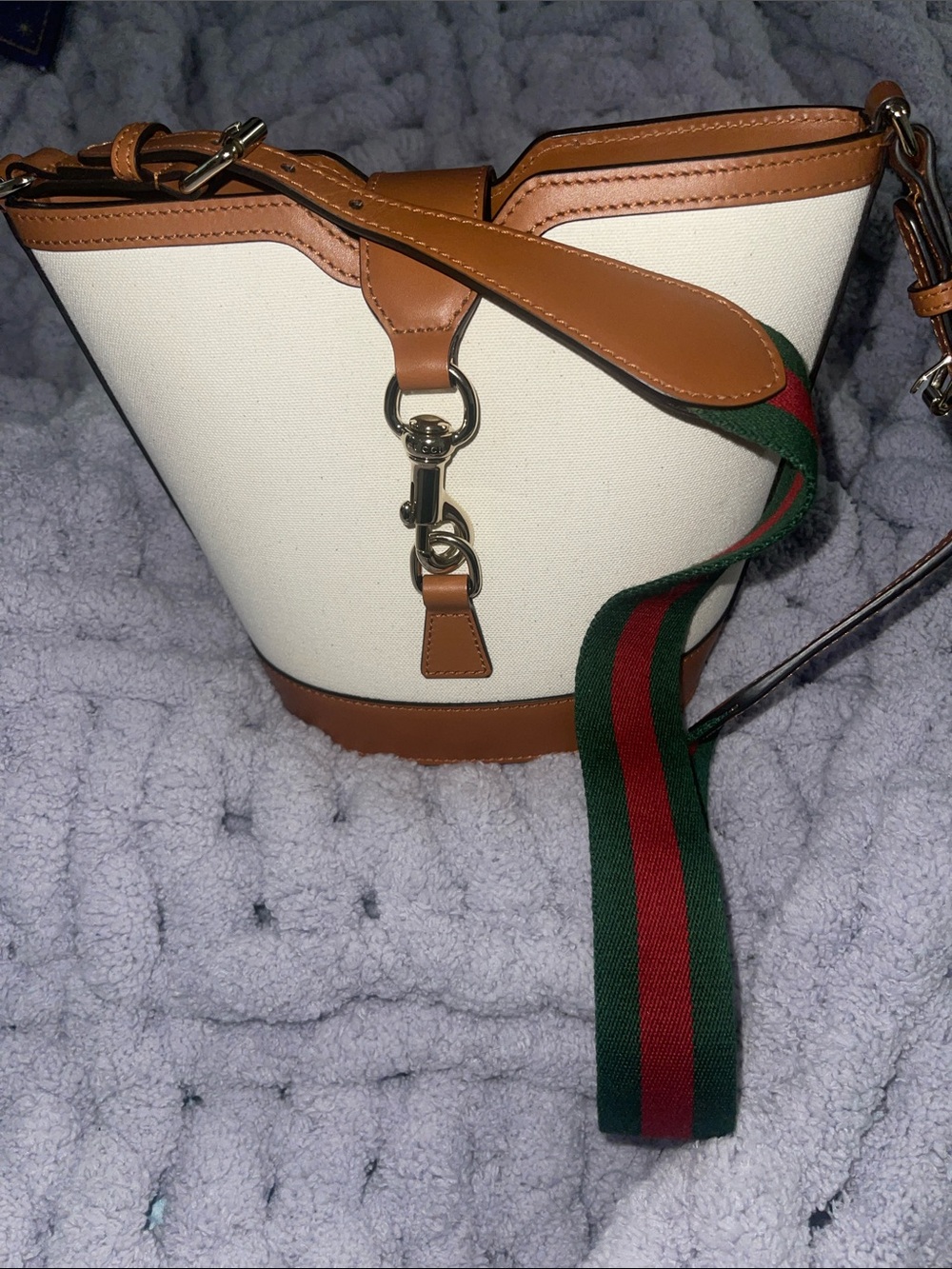 Gucci Canvas Bucket Bag with Tan Leather and Sherry Line Strap